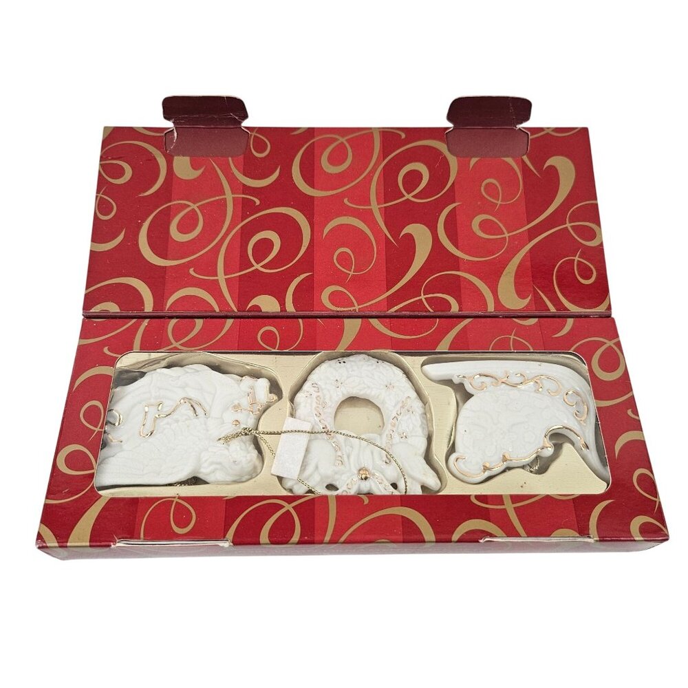 Avon Exclusive Porcelain Ornament Gift Set 24K Gold Accents Angel Sleigh Wreath